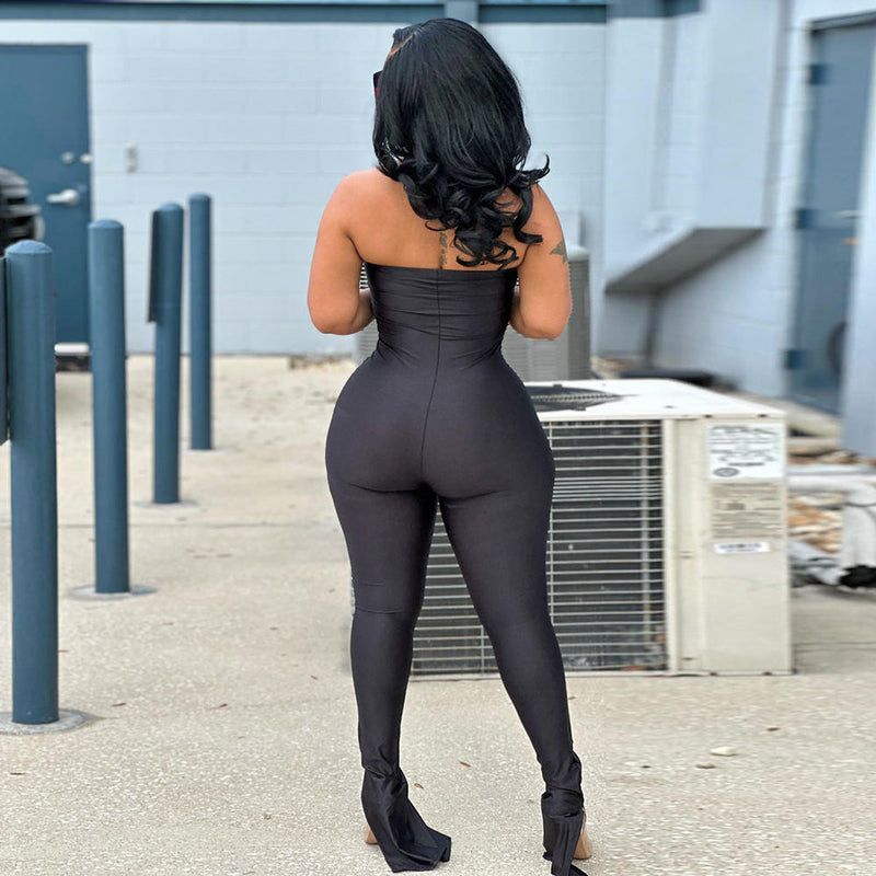 Clothing Off Neck Stitching High Elastic Slit Slim Fitting Jumpsuit