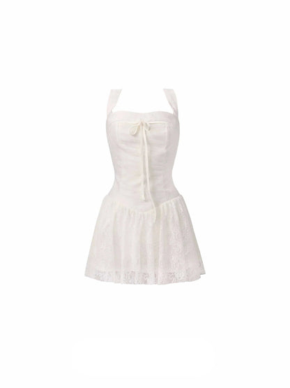 Romantic White Lace Halter Mini Dress With Front Tie
