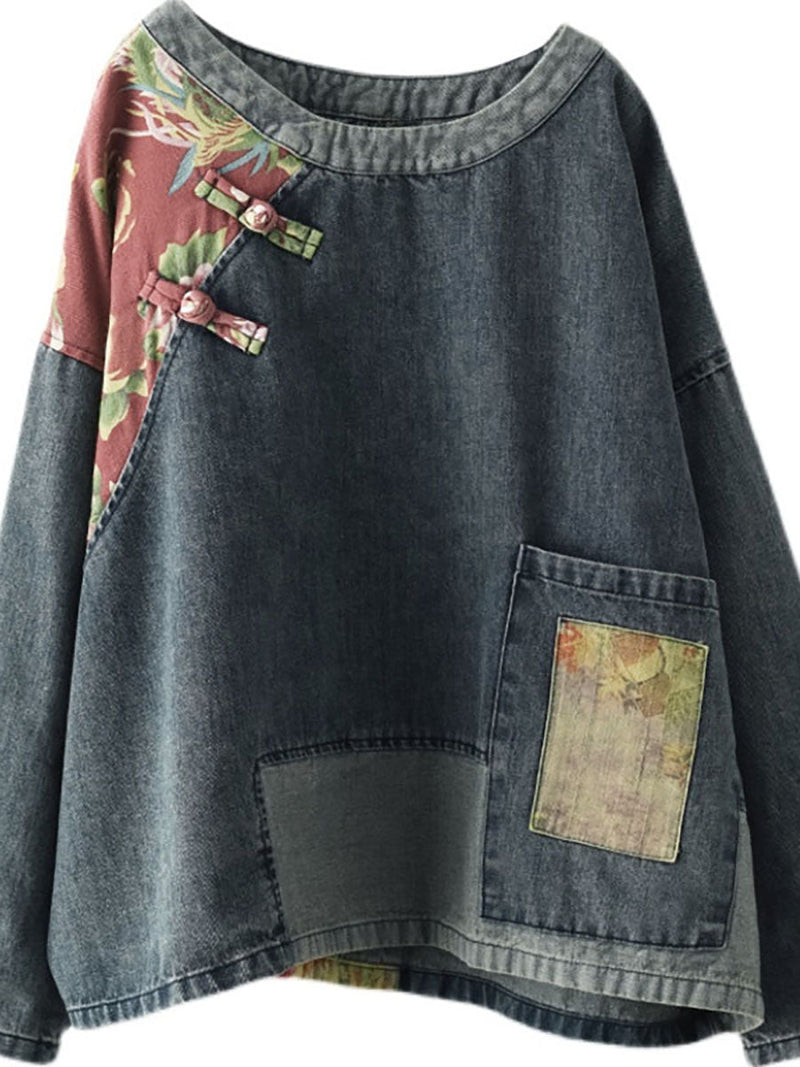 Retro Stitching Patchwork Print Denim Sweatshirt Sc1032