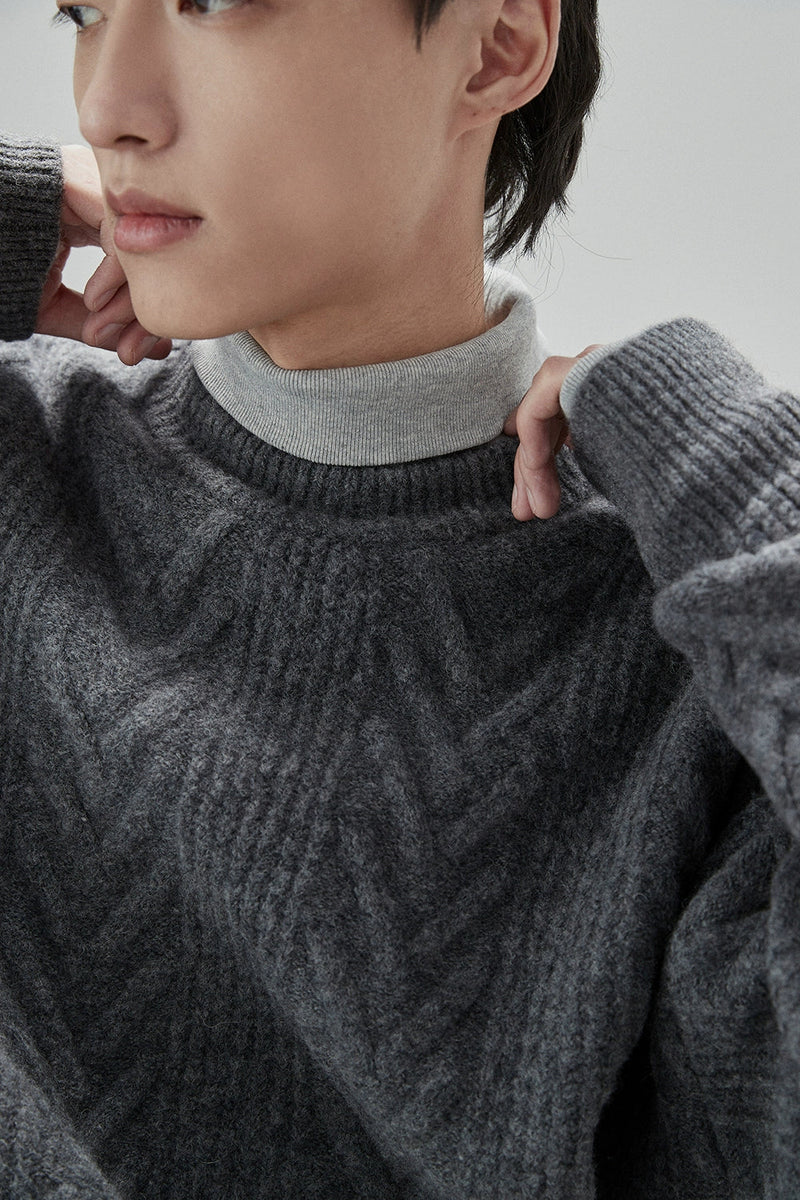 Cream Cable Knit Sweater With Chevron Pattern