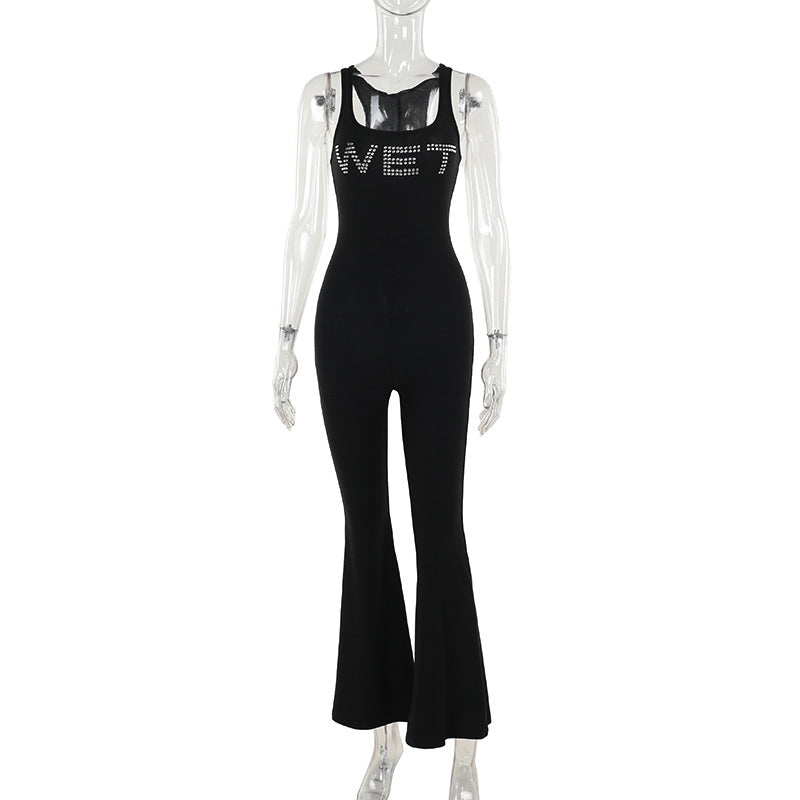 Summer Street Slim Fit Letters Rhinestone Vest Type Jumpsuit