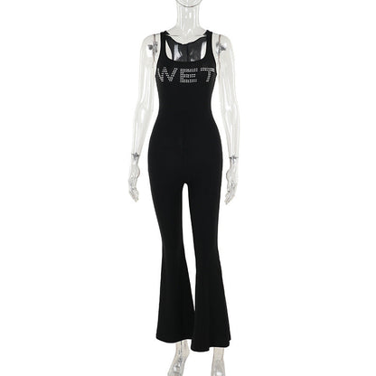 Summer Street Slim Fit Letters Rhinestone Vest Type Jumpsuit
