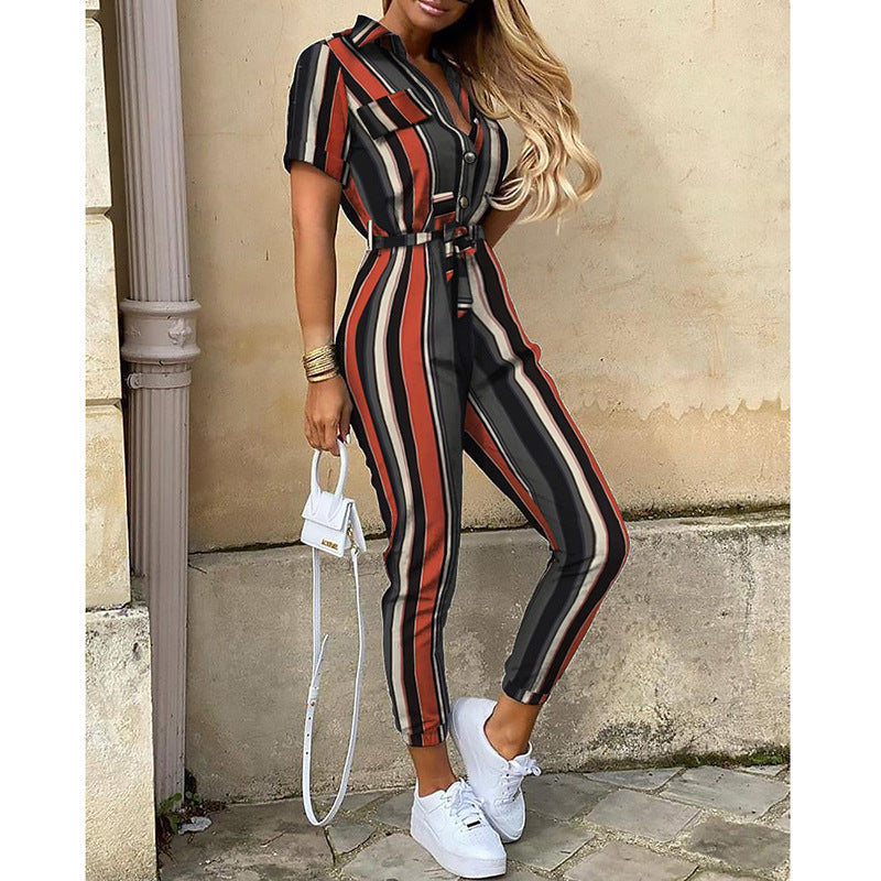 Clothing Trousers Collared Button Printed Belt Cargo Overalls