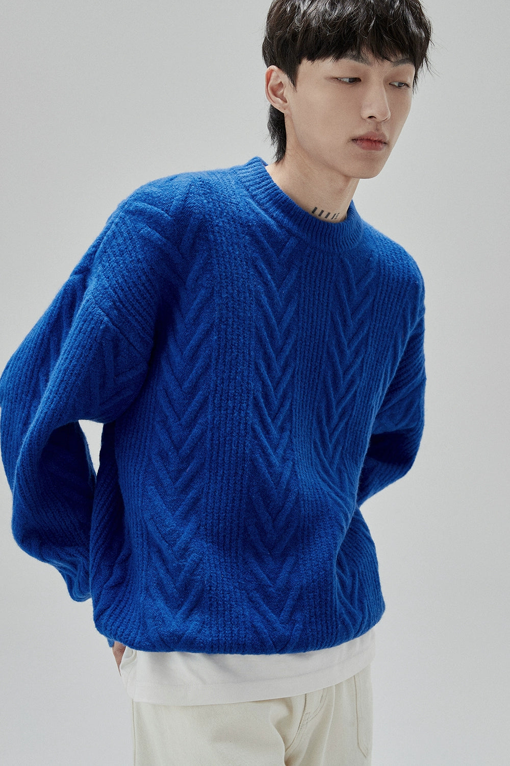 Cream Cable Knit Sweater With Chevron Pattern