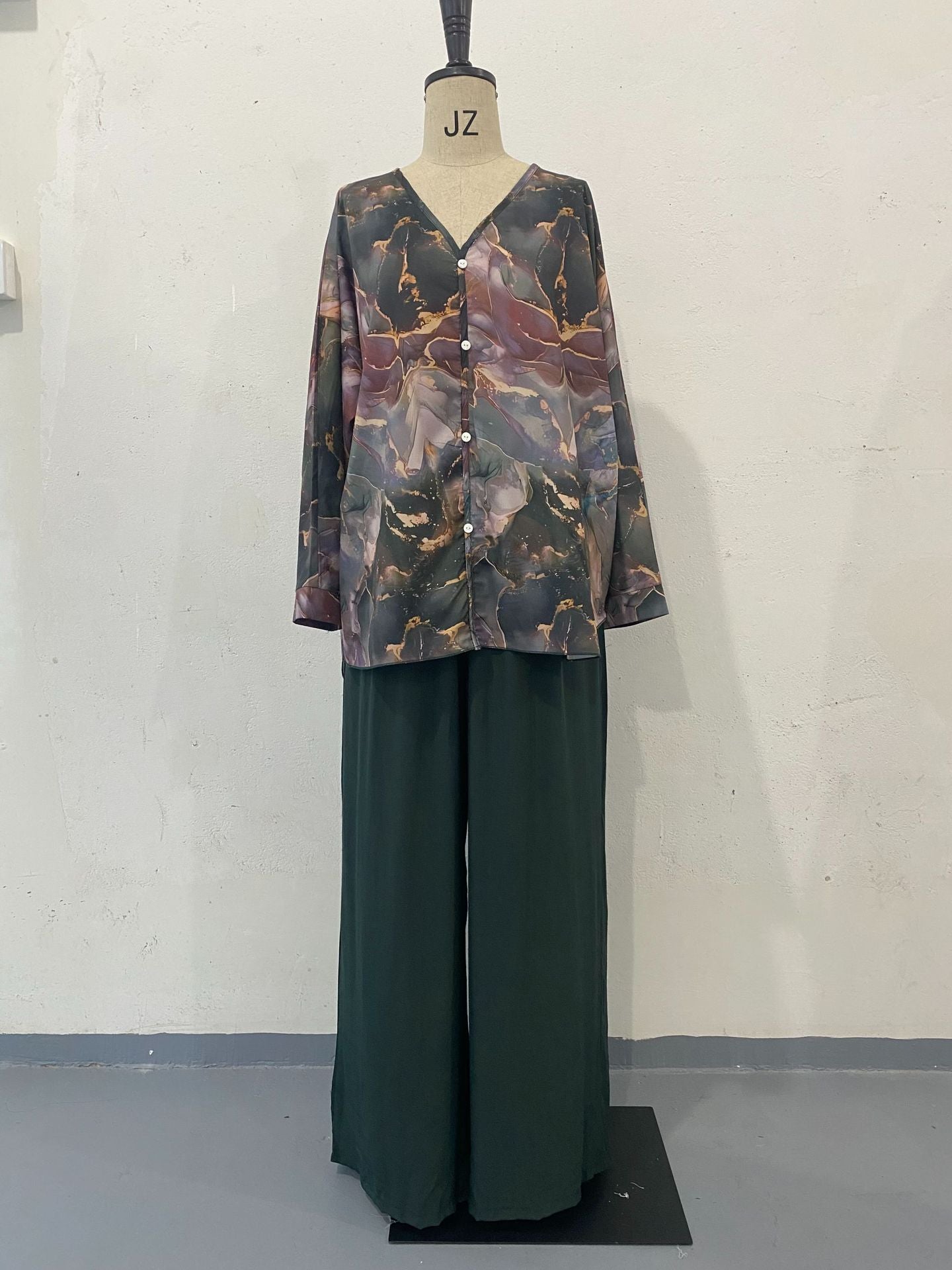 Spring Hand Painted Printed Shirt Top Wide Leg Pants Two Piece Clothing
