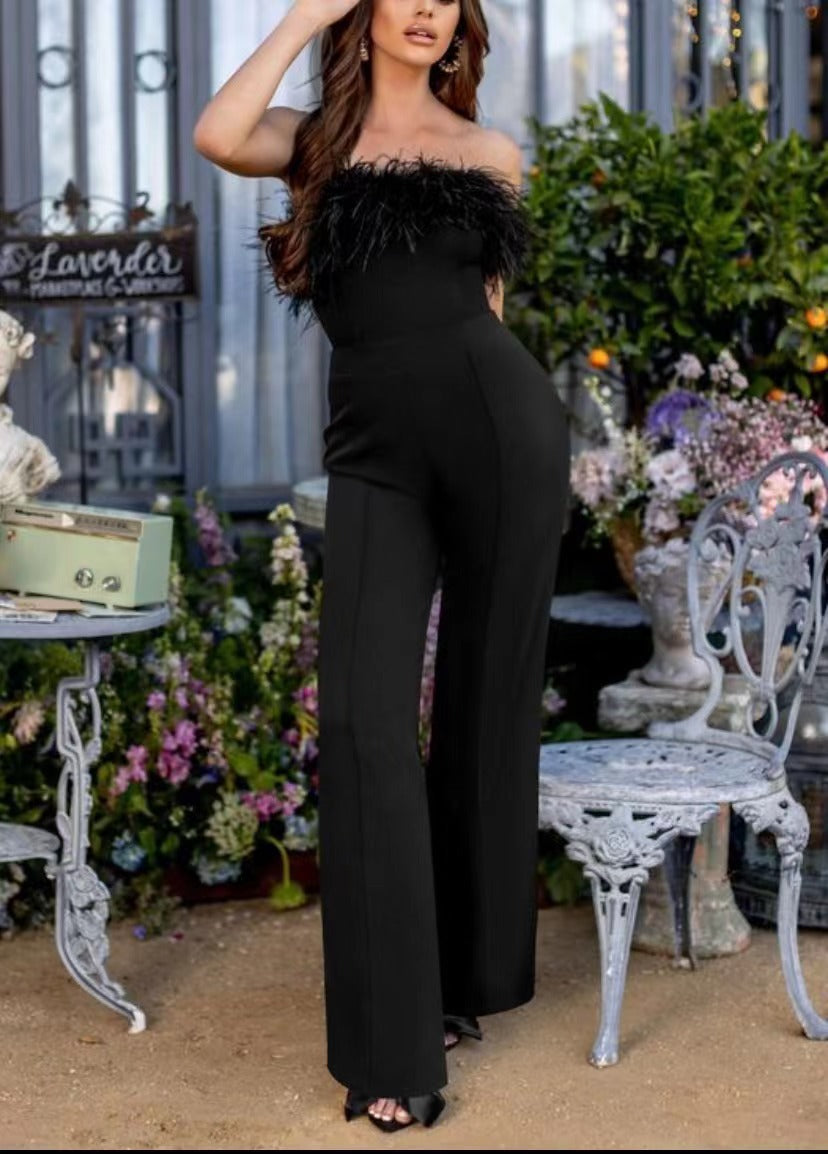 Spring Summer Clothing Deep V Plunge Feather Jumpsuit Trousers