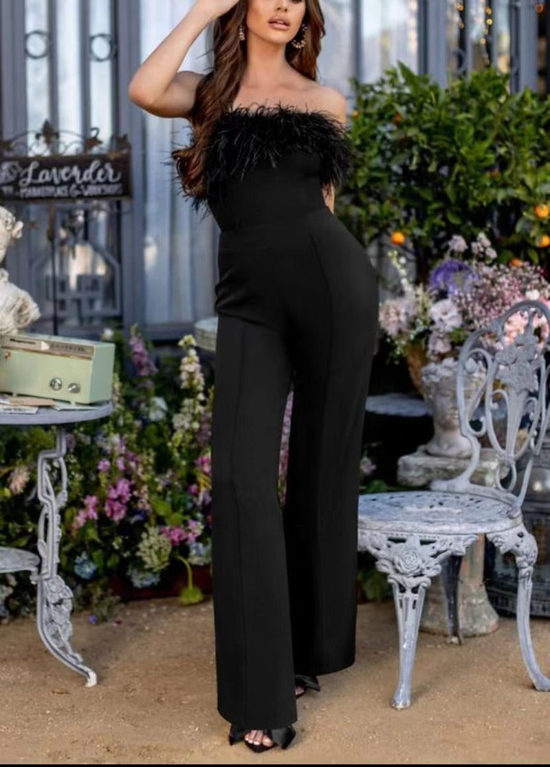 Spring Summer Clothing Deep V Plunge Feather Jumpsuit Trousers