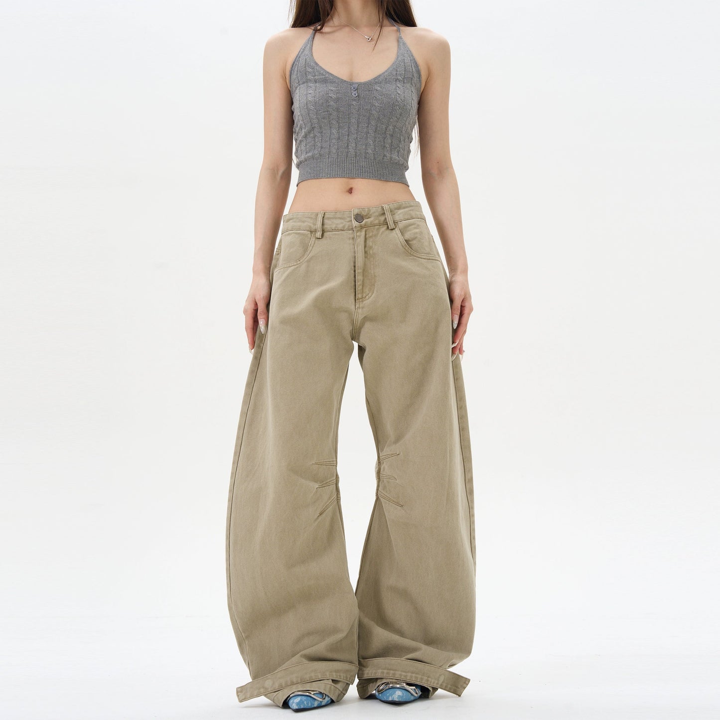 Khaki High-waist Wide-leg Canvas Pants