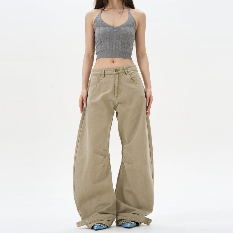 Khaki High-waist Wide-leg Canvas Pants
