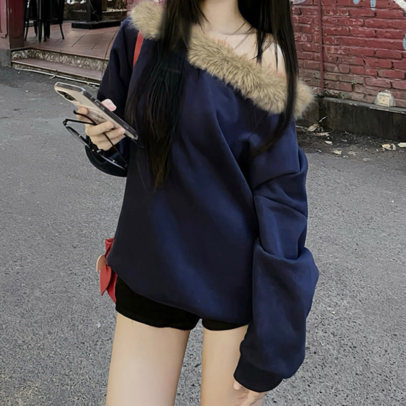 Street Furry Stitching Personality Diagonal Collar Loose Sweatshirt Off Shoulder Long Sleeves