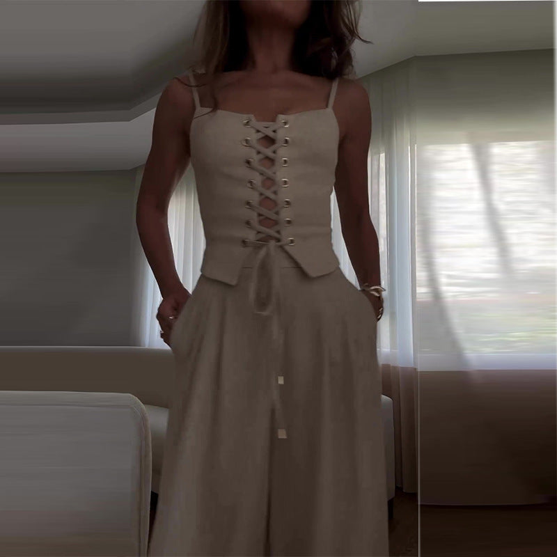 Summer Cutout Tied Top Wide Leg Pants Suit