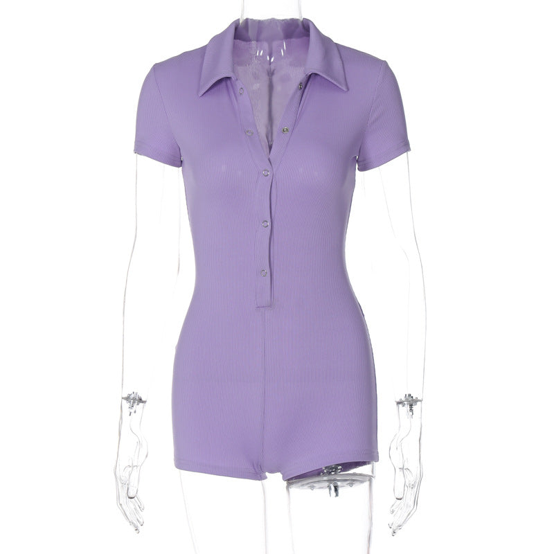 Clothing Spring Sports Short Sleeve Collared Button Tight Romper