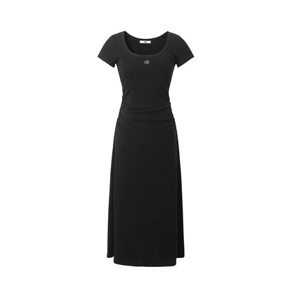 Scoop Neck Maxi T-shirt Dress - Side Ruched Jersey Knit Gown