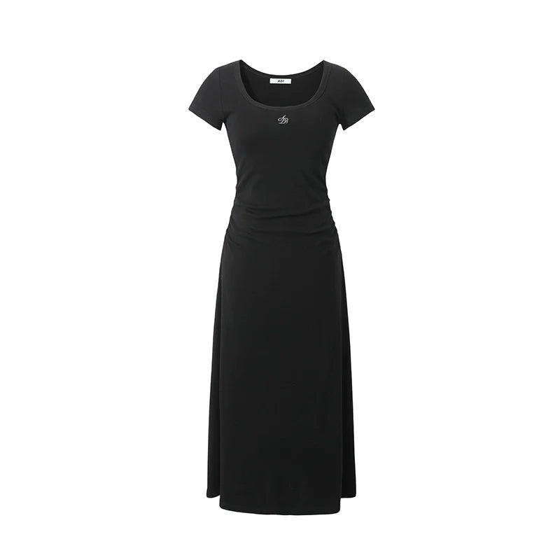 Scoop Neck Maxi T-shirt Dress - Side Ruched Jersey Knit Gown