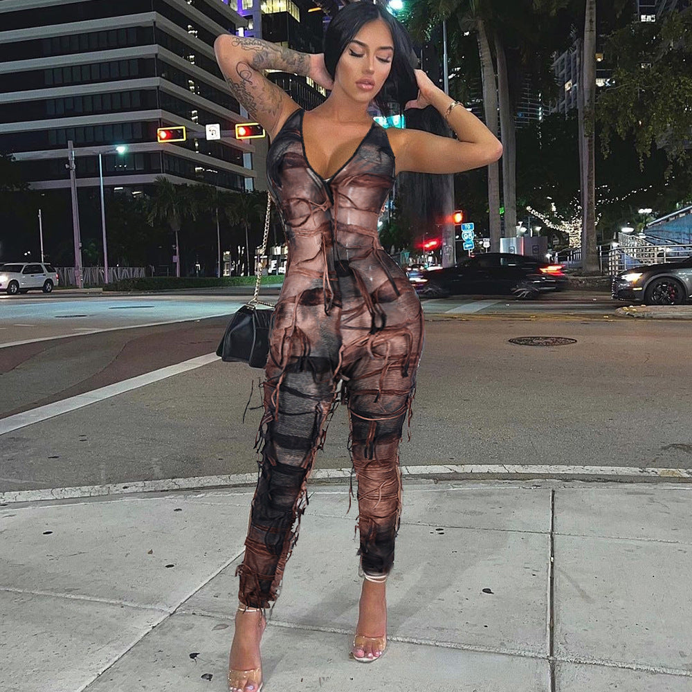 Cutout Long Halter Ripped Beggar Cloth Jumpsuit