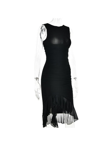 Round Neck Sleeveless Backless Pleated Midi Dress