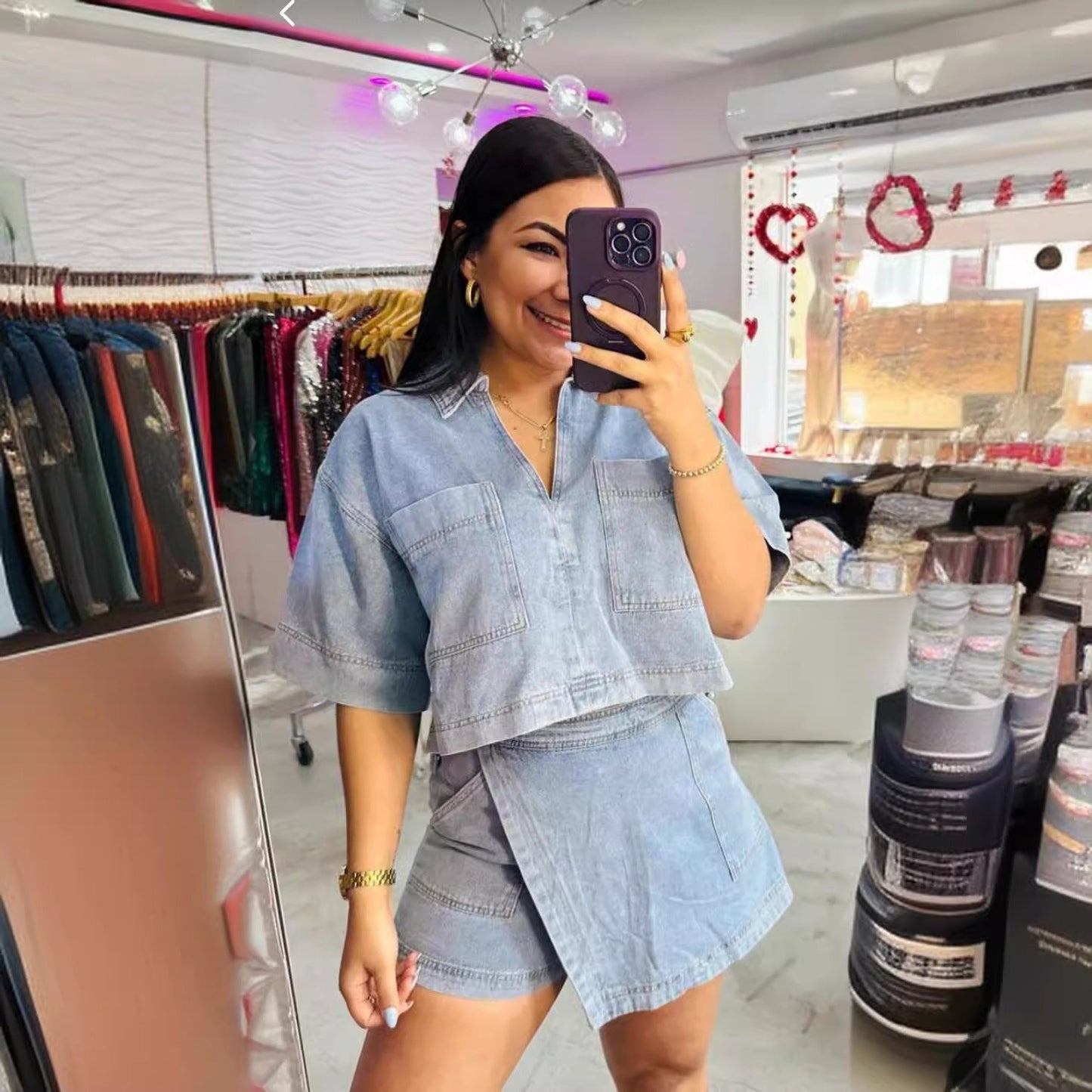 Comfort Denim Summer Loose Slimming Polo Short Sleeve Shirt Irregular Asymmetric Pantskirt Two Piece Set
