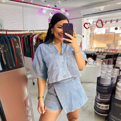 Comfort Denim Summer Loose Slimming Polo Short Sleeve Shirt Irregular Asymmetric Pantskirt Two Piece Set
