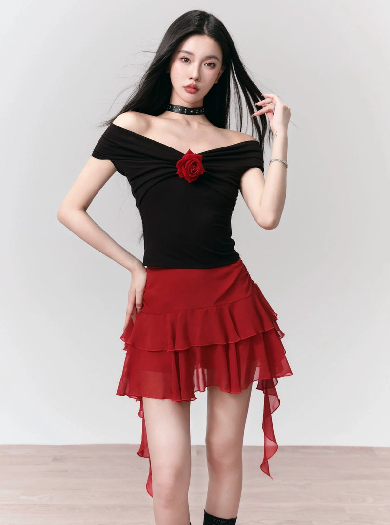 Flamenco-inspired Dance Set: Off-shoulder Rose Top and Ruffled Mini Skirt