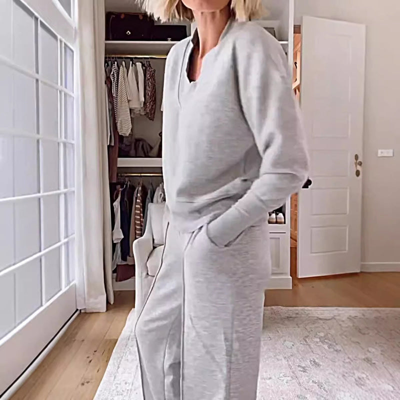 Autumn V Neck Long Sleeve Loose Top Wide Leg Pants Two Piece Set