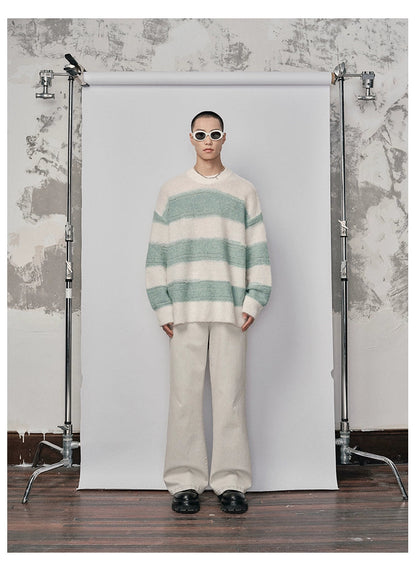 Irregular Wide-striped Oversized Round Neck Sweater