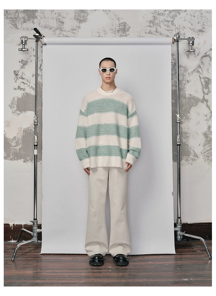 Irregular Wide-striped Oversized Round Neck Sweater