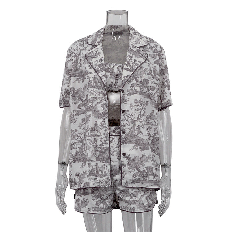Chinese Ink Printing Shirt Suspender Shorts Three Piece Retro Set Clothing
