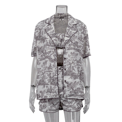 Chinese Ink Printing Shirt Suspender Shorts Three Piece Retro Set Clothing