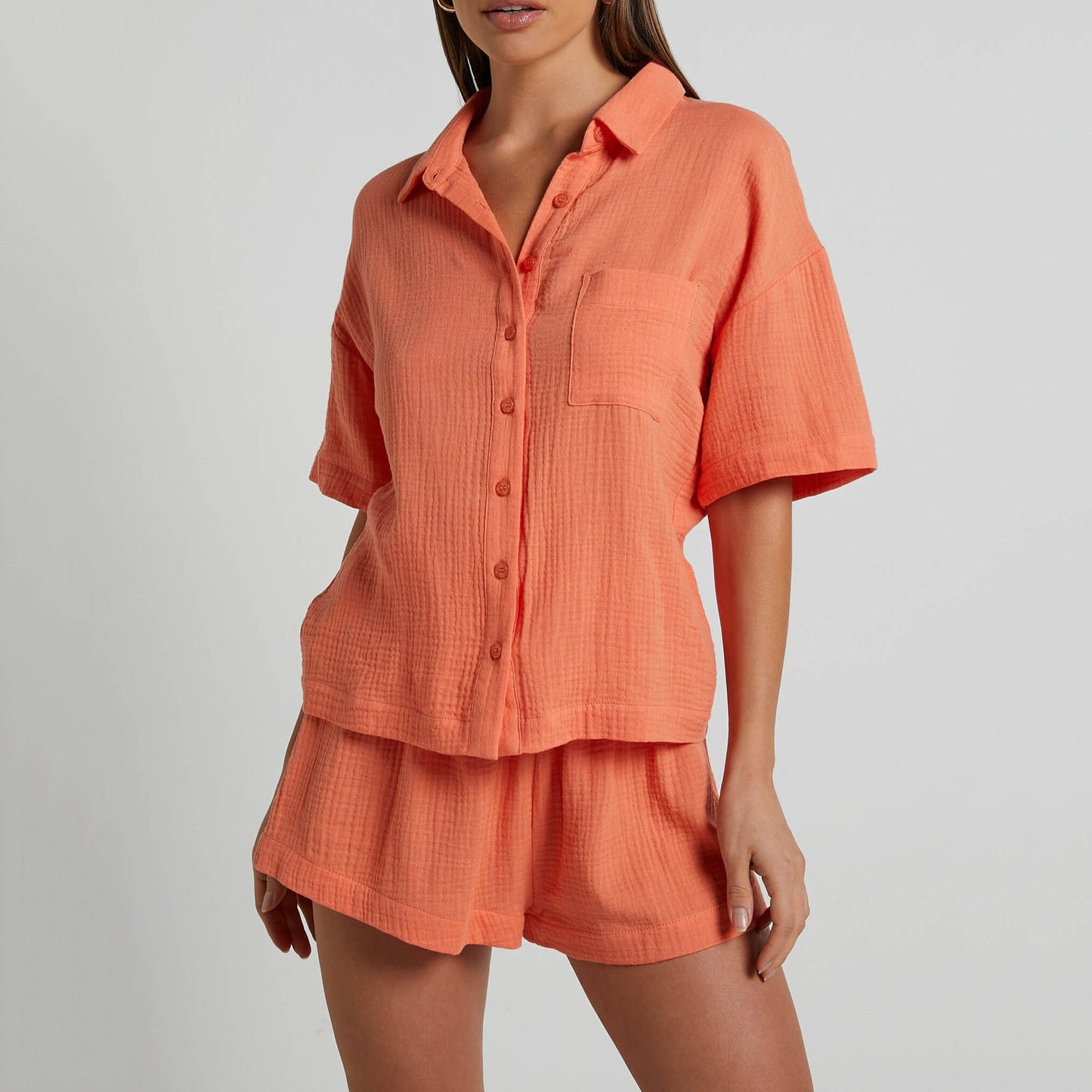 Color Shirt Outfit Loose Short Sleeves Single Breasted Clothing Spring Summer Shorts Two Piece Set