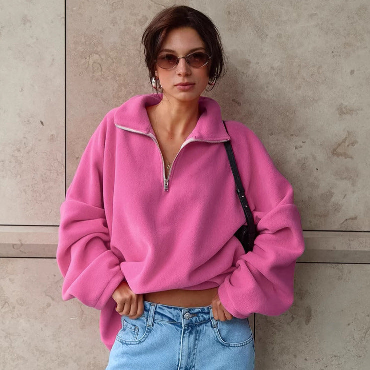 Autumn Winter Pink Collared Fleece Sweatshirt Lamb Wool Tops