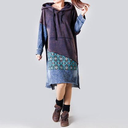 Patchwork Hooded Sweater Mid Length Retro Slimming Printed Pullover