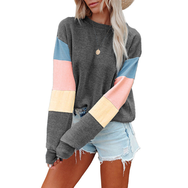 Pullover Sweatshirt Spring Autumn Round Neck Long Sleeve Contrast Color Long Sleeve T Shirt
