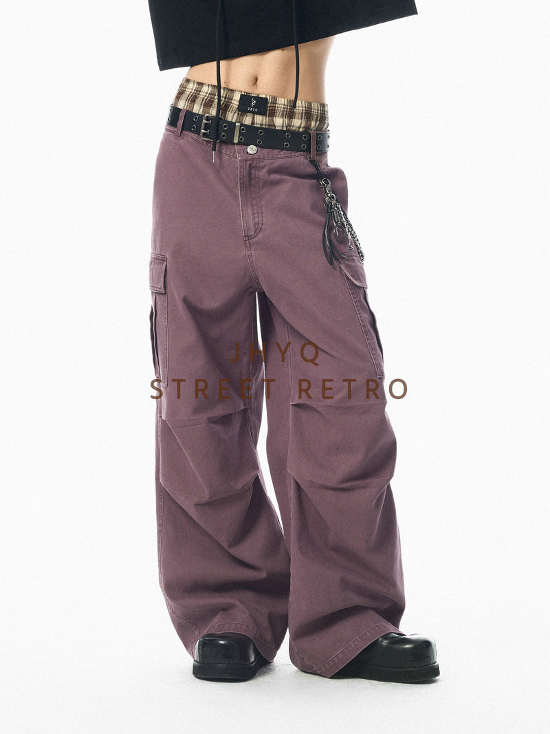 Washed Pleated Wide Leg Cargo Pants