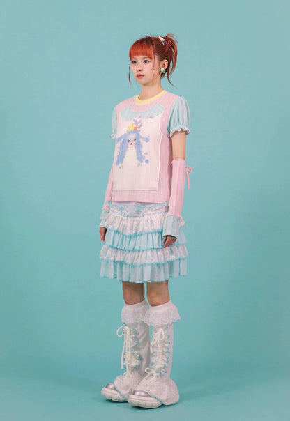 Frufru Tiered Ruffle Skirt - ' Pastel Blue and White Layered Summer Mini Skirt