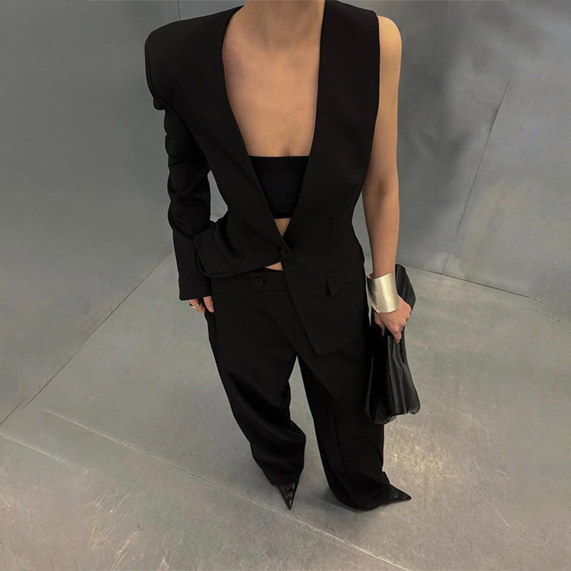 Personalized Set Spring Summer Street Irregular Asymmetric Top High Waist Wide Leg Pants Two Piece Sets