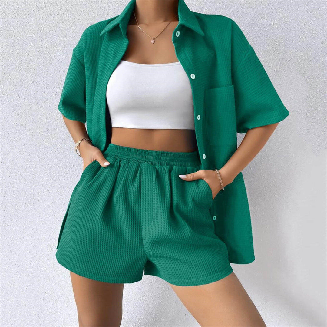 Summer Suit Loose Short Sleeved Shirt Elastic Waist Shorts Two Piece Set