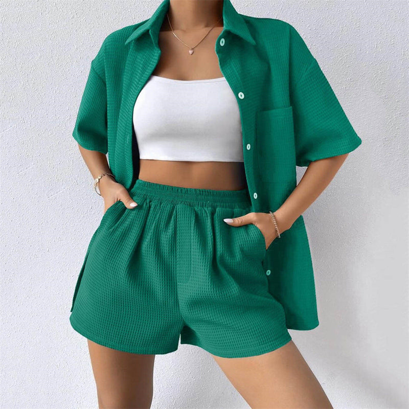 Summer Suit Loose Short Sleeved Shirt Elastic Waist Shorts Two Piece Set