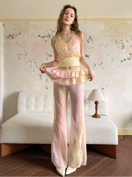 Pink Gradient Ruffle Three-piece Set