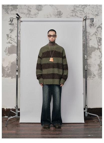 Irregular Wide-striped Oversized Round Neck Sweater