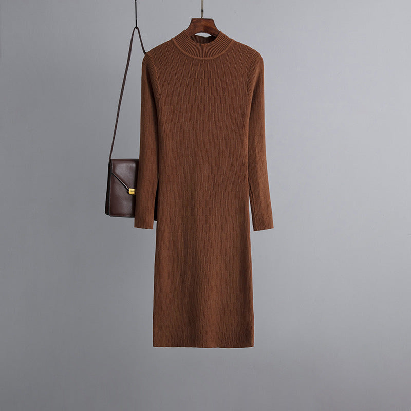 Sheath Half High Collar Inner Match Knitted Dress Fall Winter Outer Wear Thin Over the Knee Mid Length Sweater