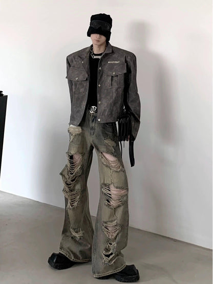 Heavily Distressed Wide-leg Cargo Pants
