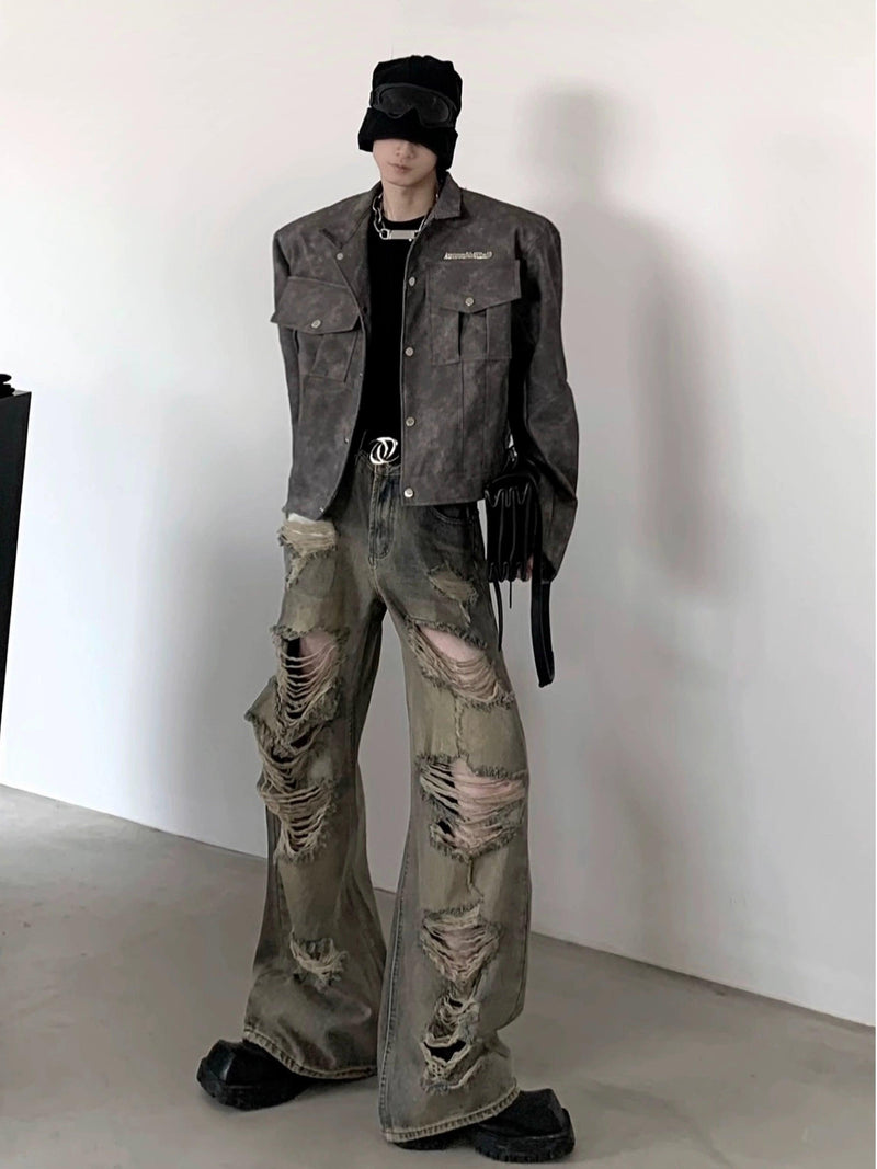 Heavily Distressed Wide-leg Cargo Pants
