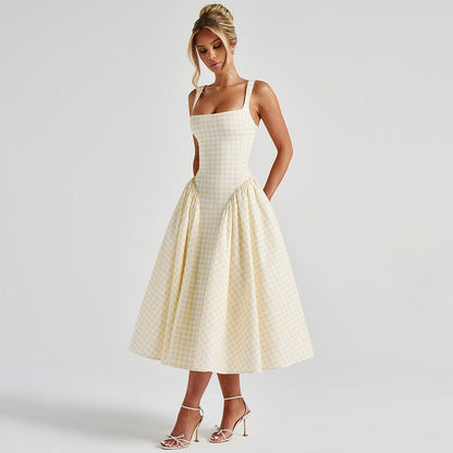 Adalae Plaid Backless Midi Dress