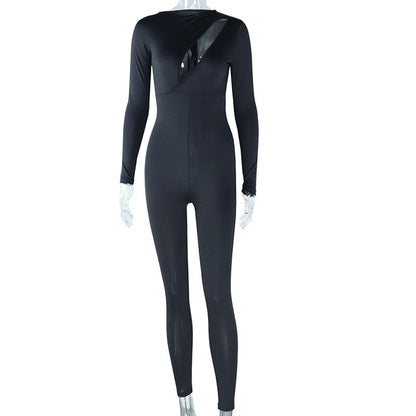 Color Cutout Long Sleeve Skinny Hip Raise Fitness Jumpsuit