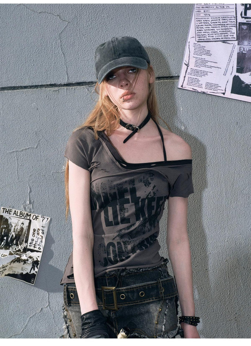 Cest Nous Distressed Graphic Off-shoulder Top - Tie-back T-shirt With Asymmetric Hem