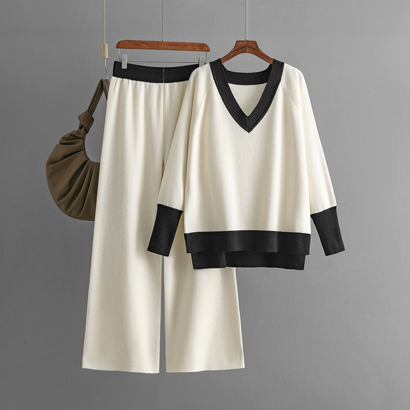 Set Autumn Winter V Neck Contrast Color Knitwear Loose Wide Leg Pants Two Piece Set