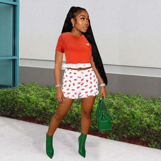 Clothing Summer Lace Color Matching Short-sleeved T-shirt Lip Printings Slim Two-piece Set Romper