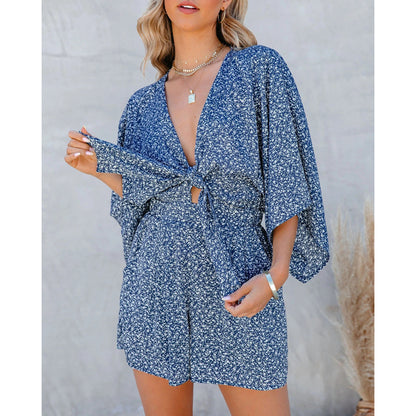 Spring Summer V Neck Lace Up Loose Jumpsuit Home Vacation Jumpsuit for