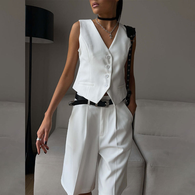 Vest Jacket Spring Summer V Neck Single Breasted Vest Straight Shorts Set