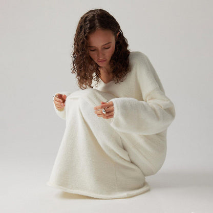 Sweater Suit Autumn Winter Office Simple Knitting V Neck Sweater Skirt Set